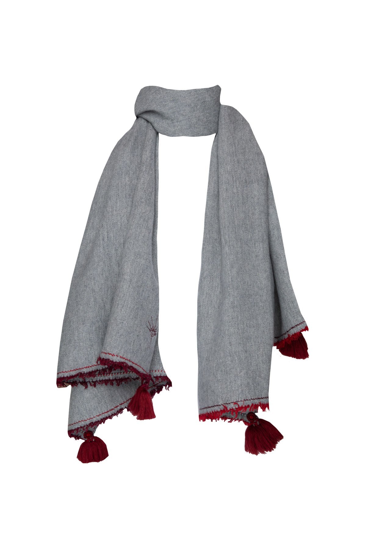 Meditation Shawl - Charcoal with Dark Red Tassels