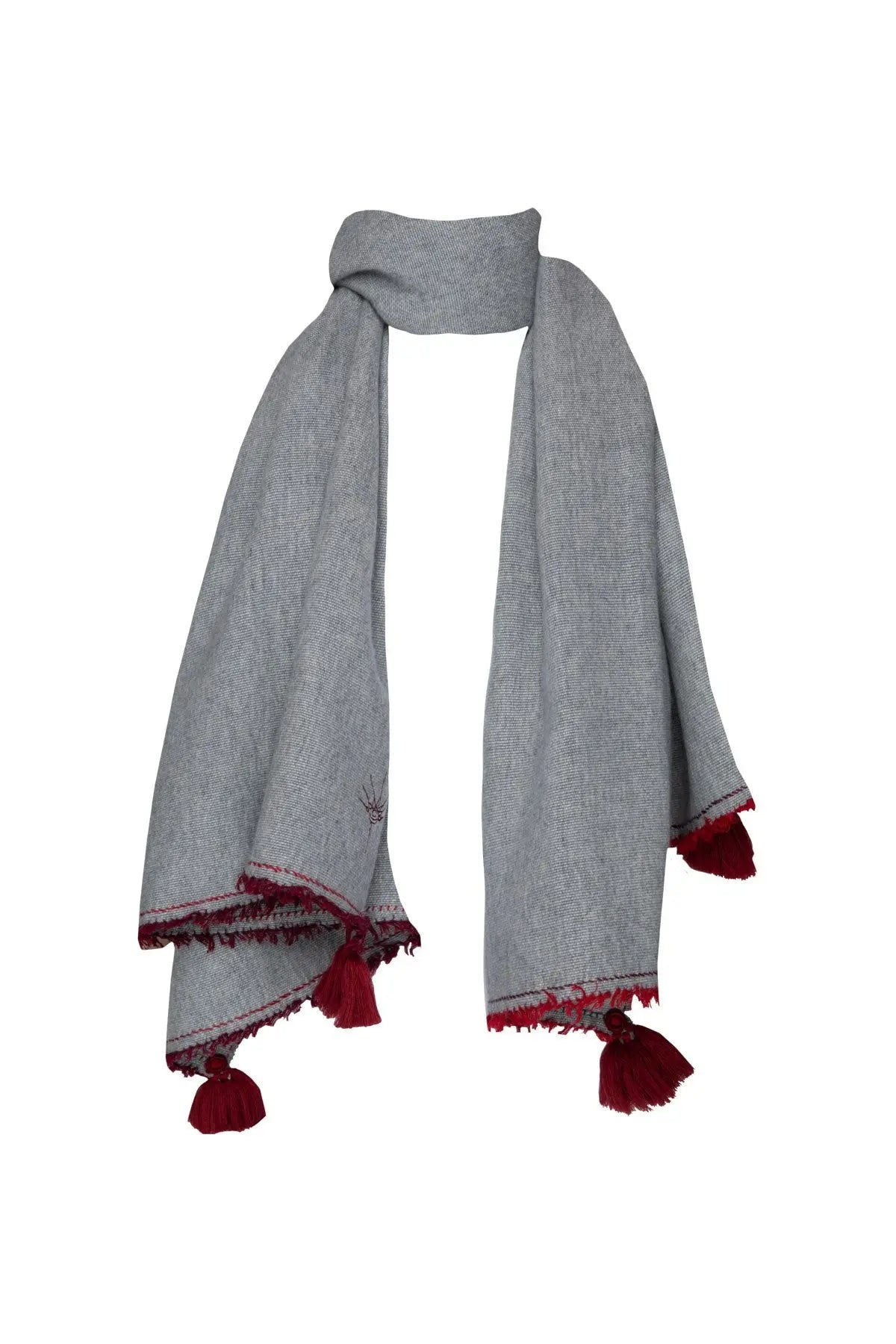 Meditation Shawl - Charcoal with Dark Red Tassels The Holy Goat