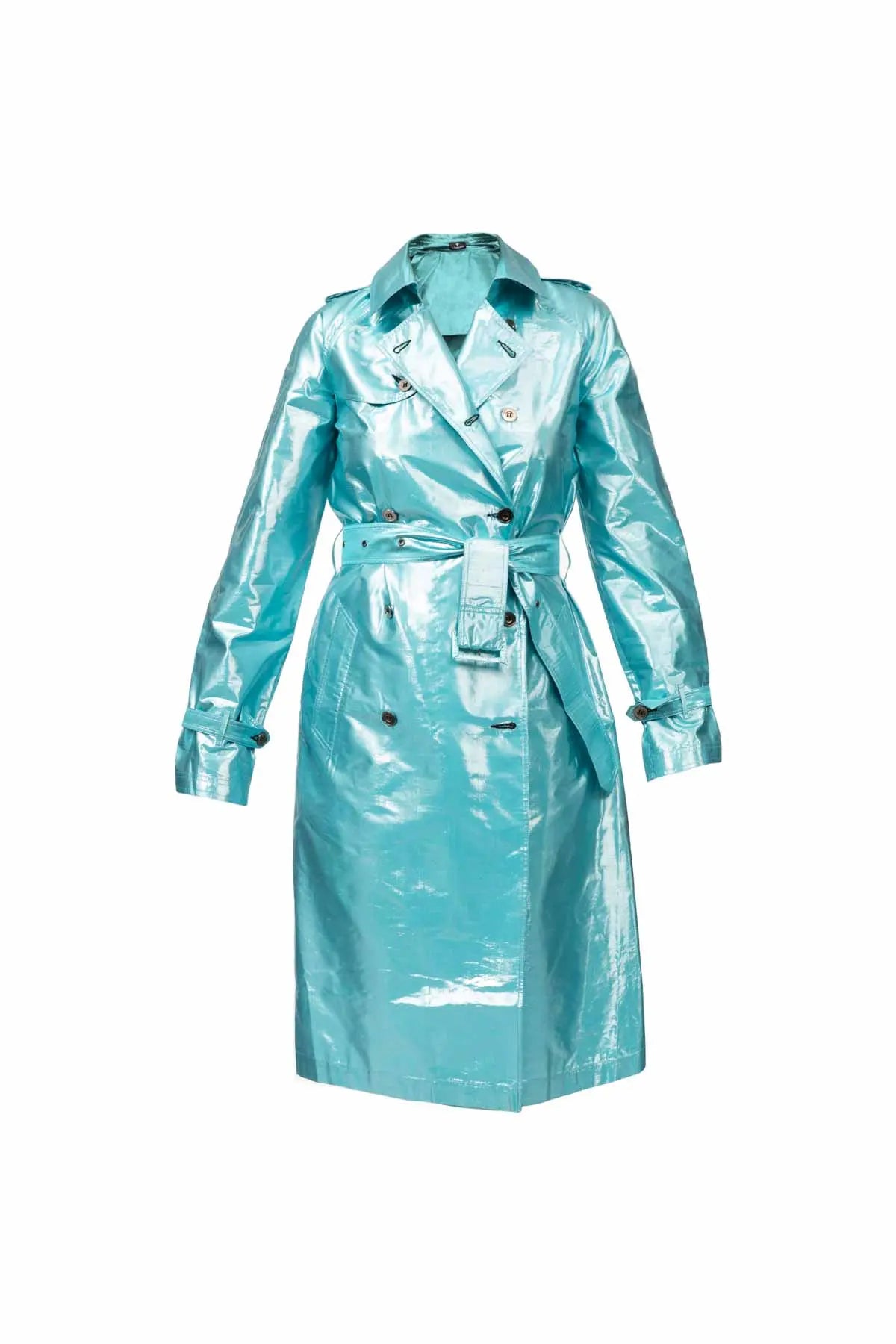 Metallic Silk Trench - Turquoise Debonnaire