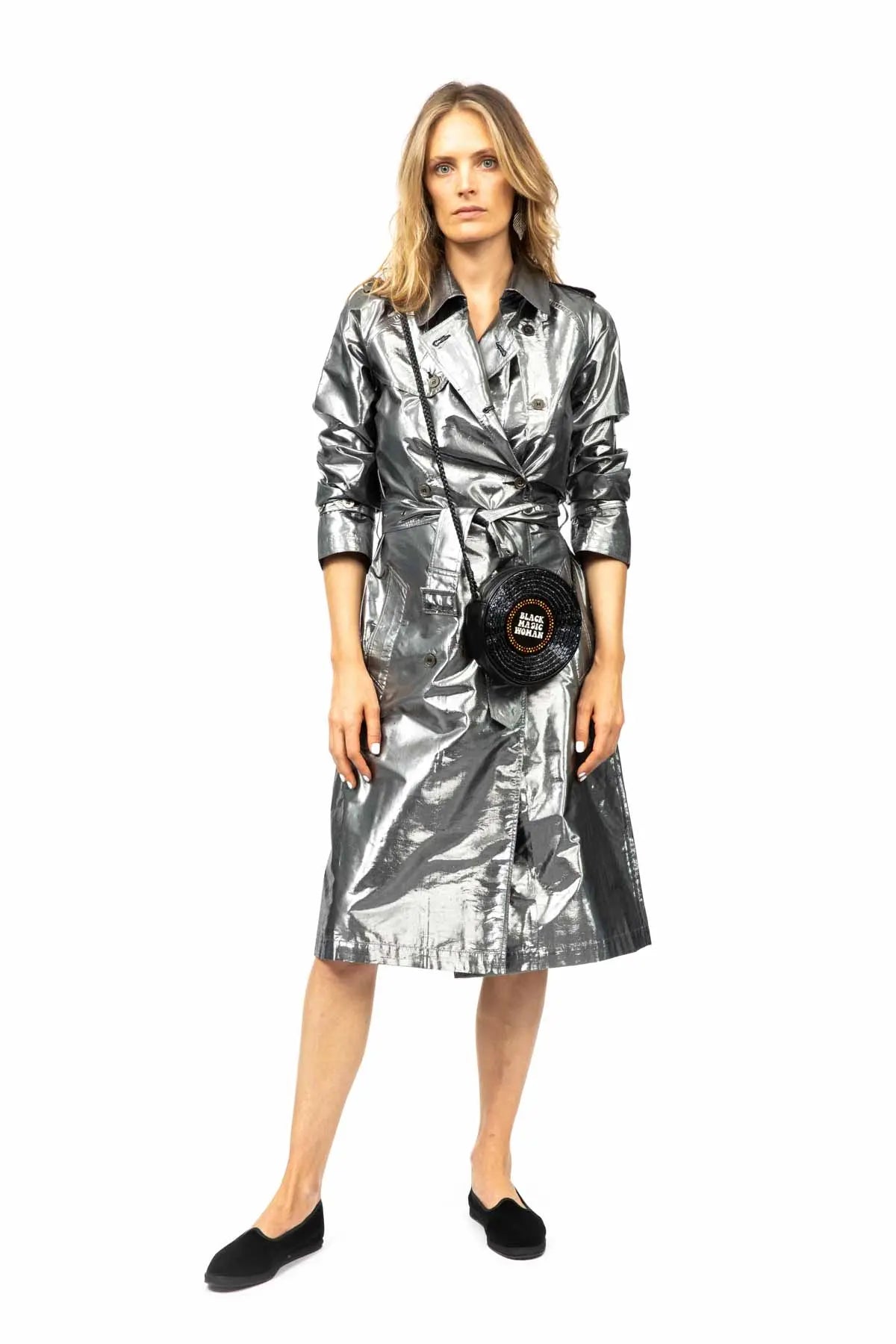 Metallic Silk Trench - Silver Black Debonnaire