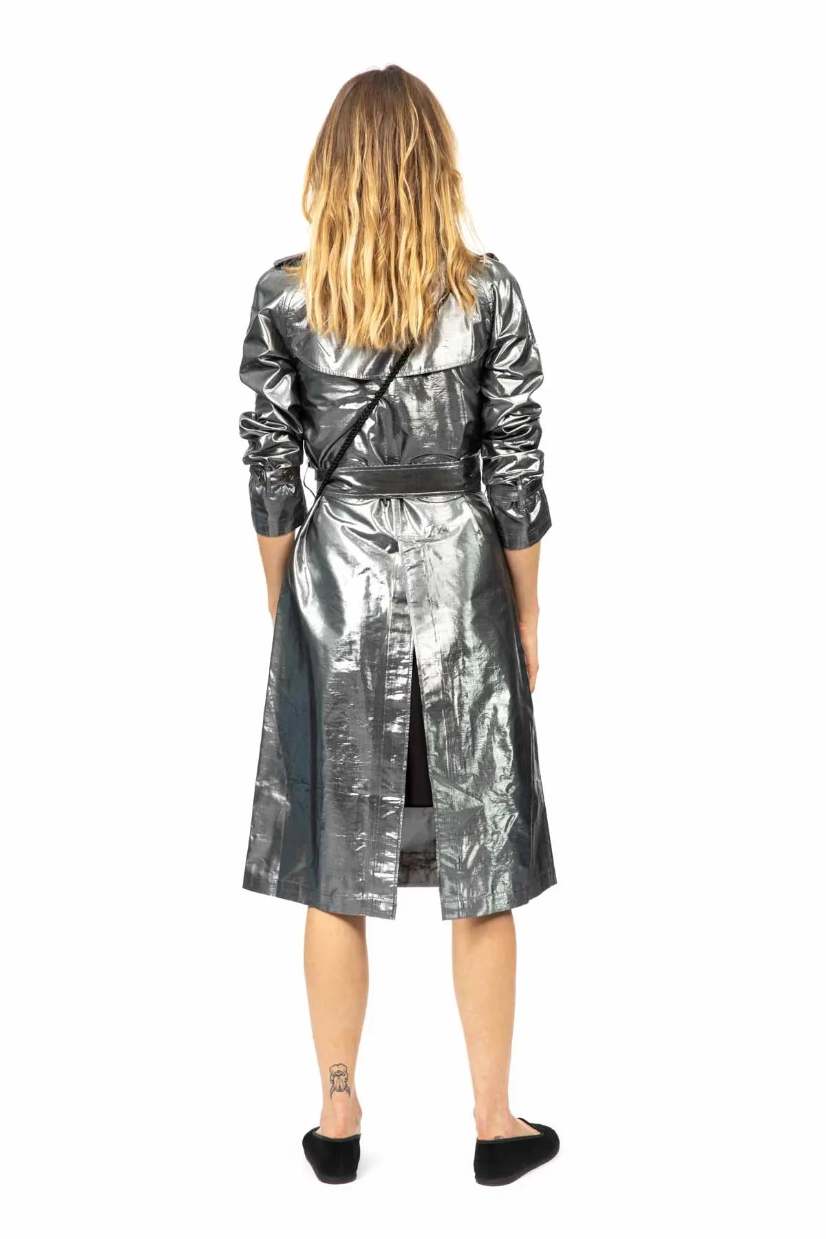 Metallic Silk Trench - Silver Black Debonnaire
