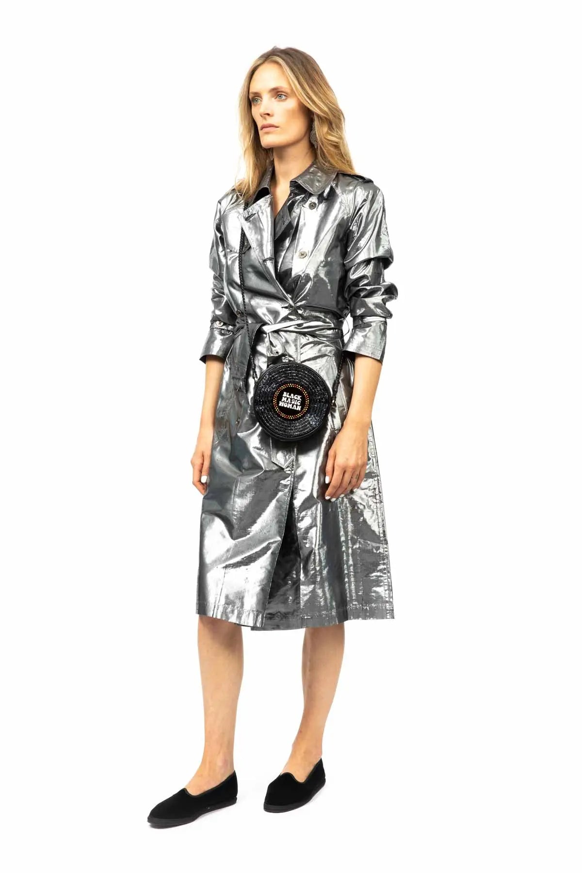 Metallic Silk Trench - Silver Black Debonnaire