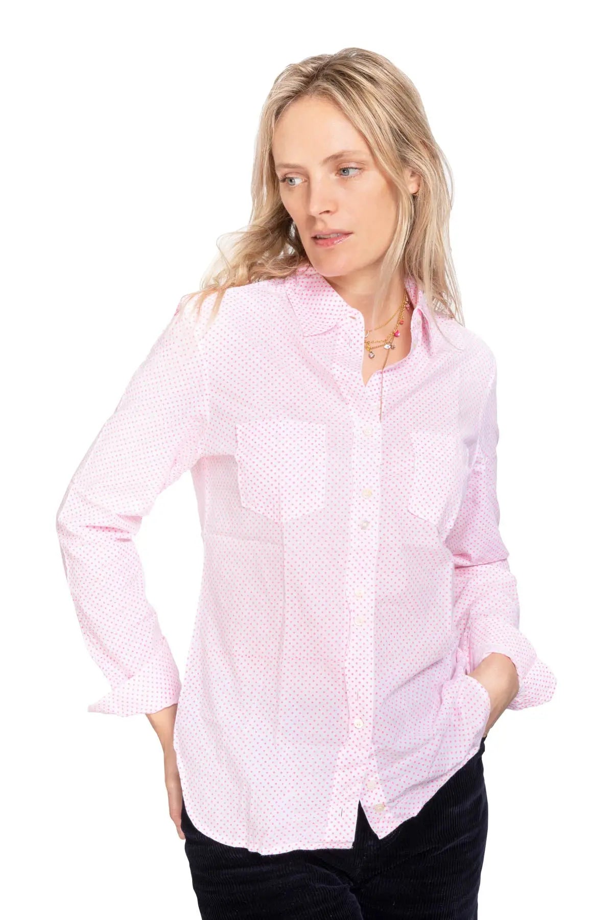 Women's Cotton Shirt - Pink Mini Polka Debonnaire