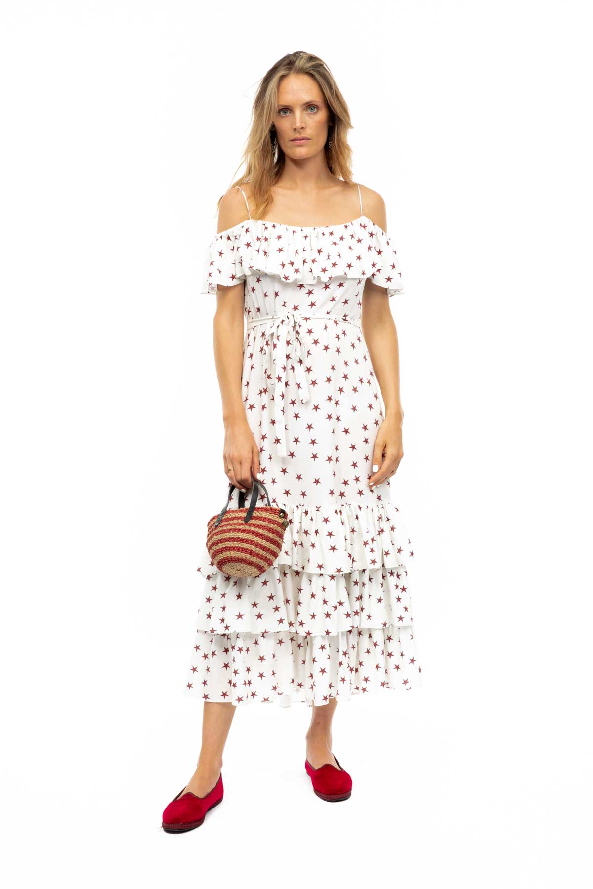 Off Shoulder Ruffle Dress - White Star