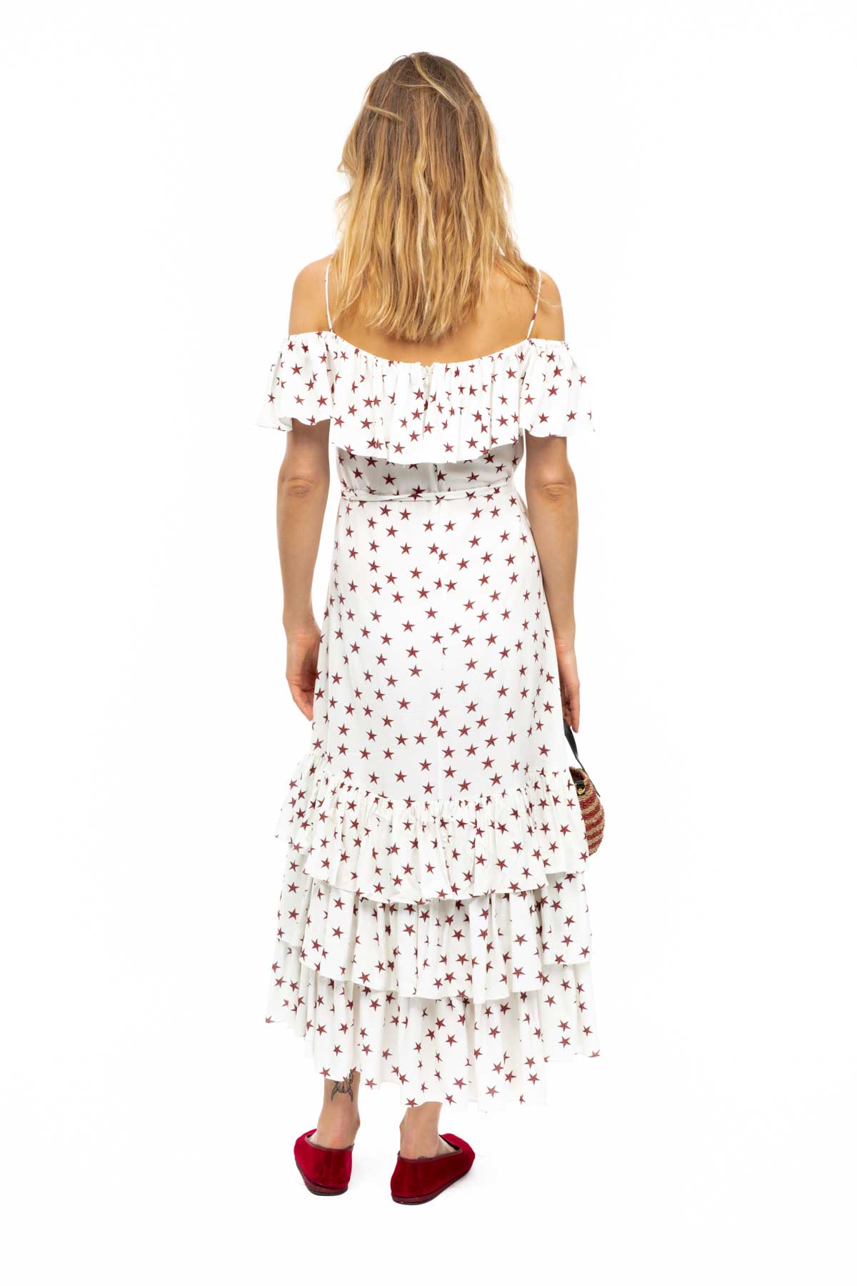 Off Shoulder Ruffle Dress - White Star