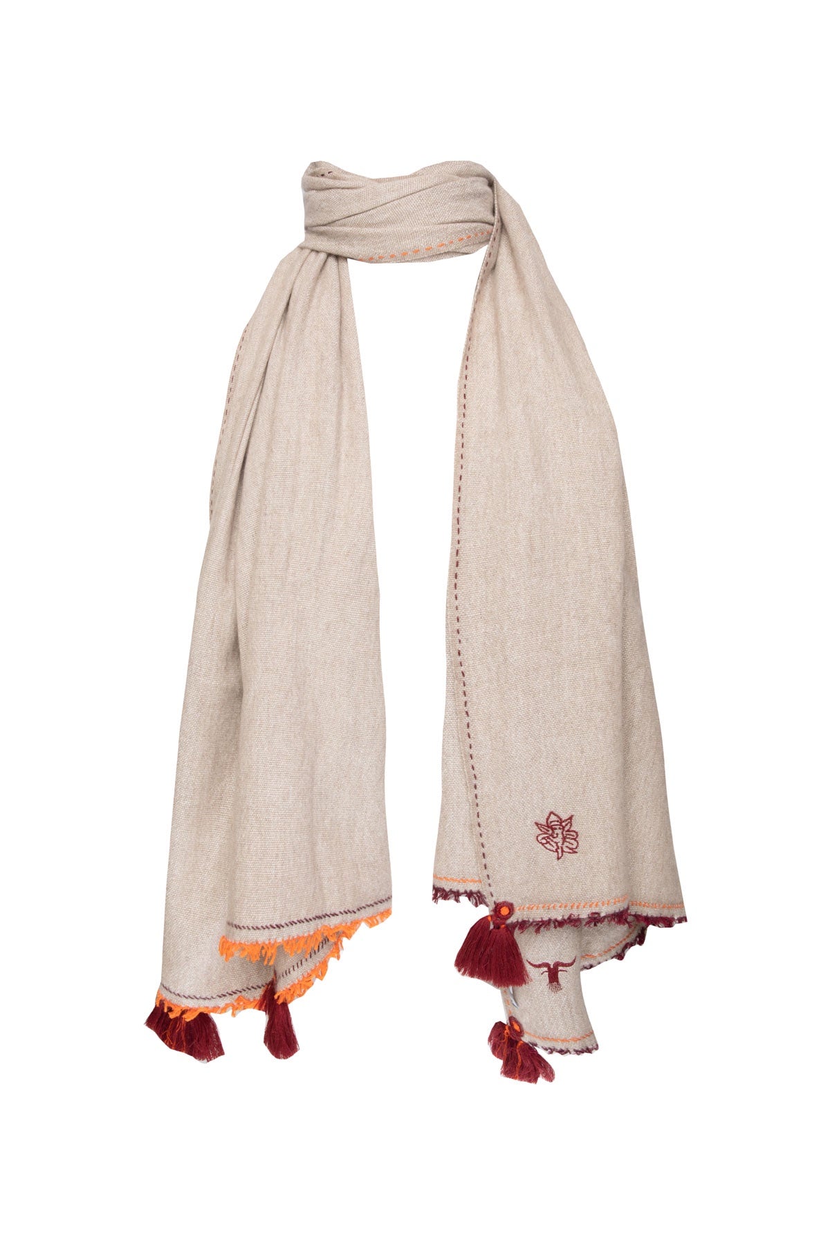 Meditation Shawl - Sand with Dark Red Tassels