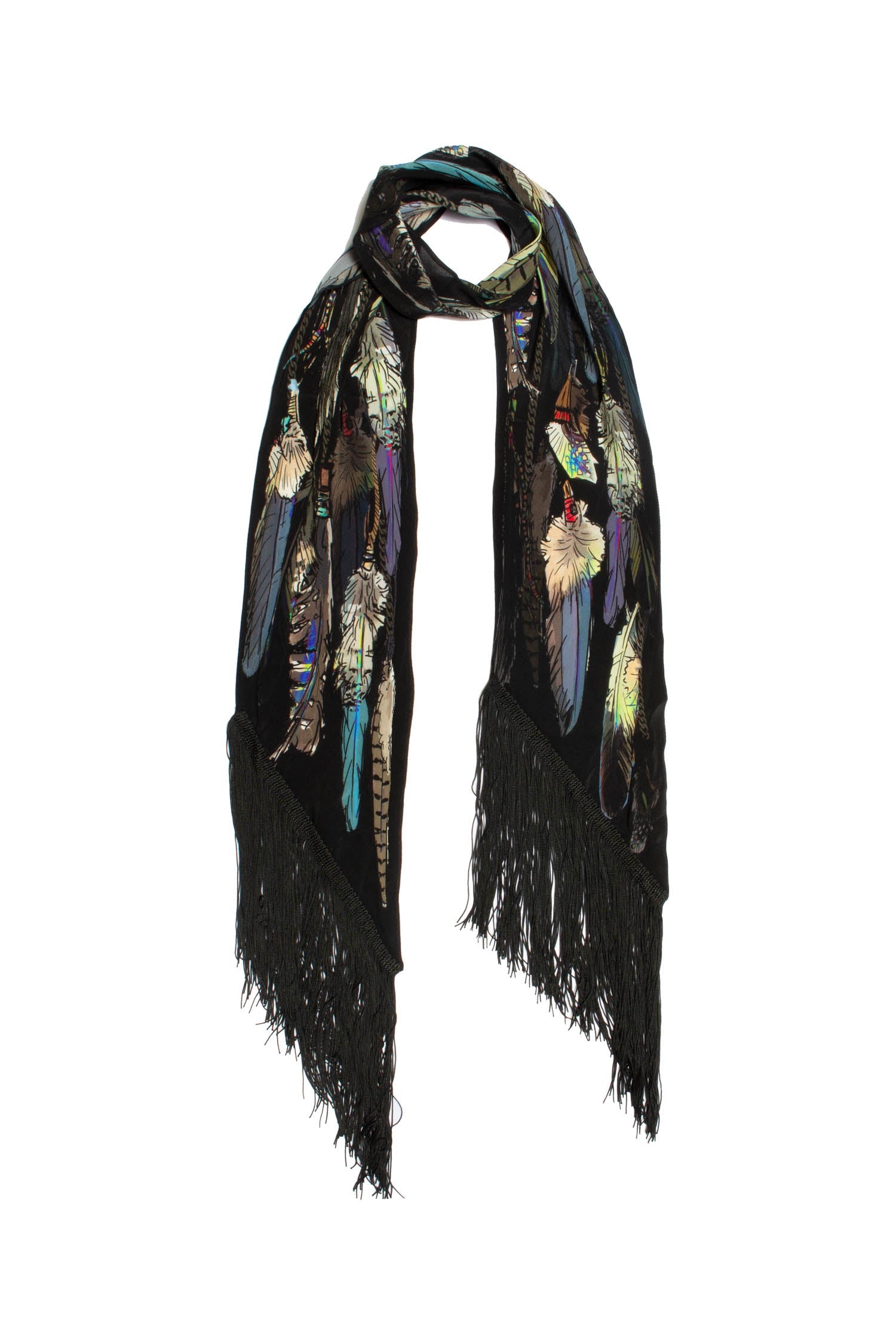 Silk Fringed Scarf - Black Feathers