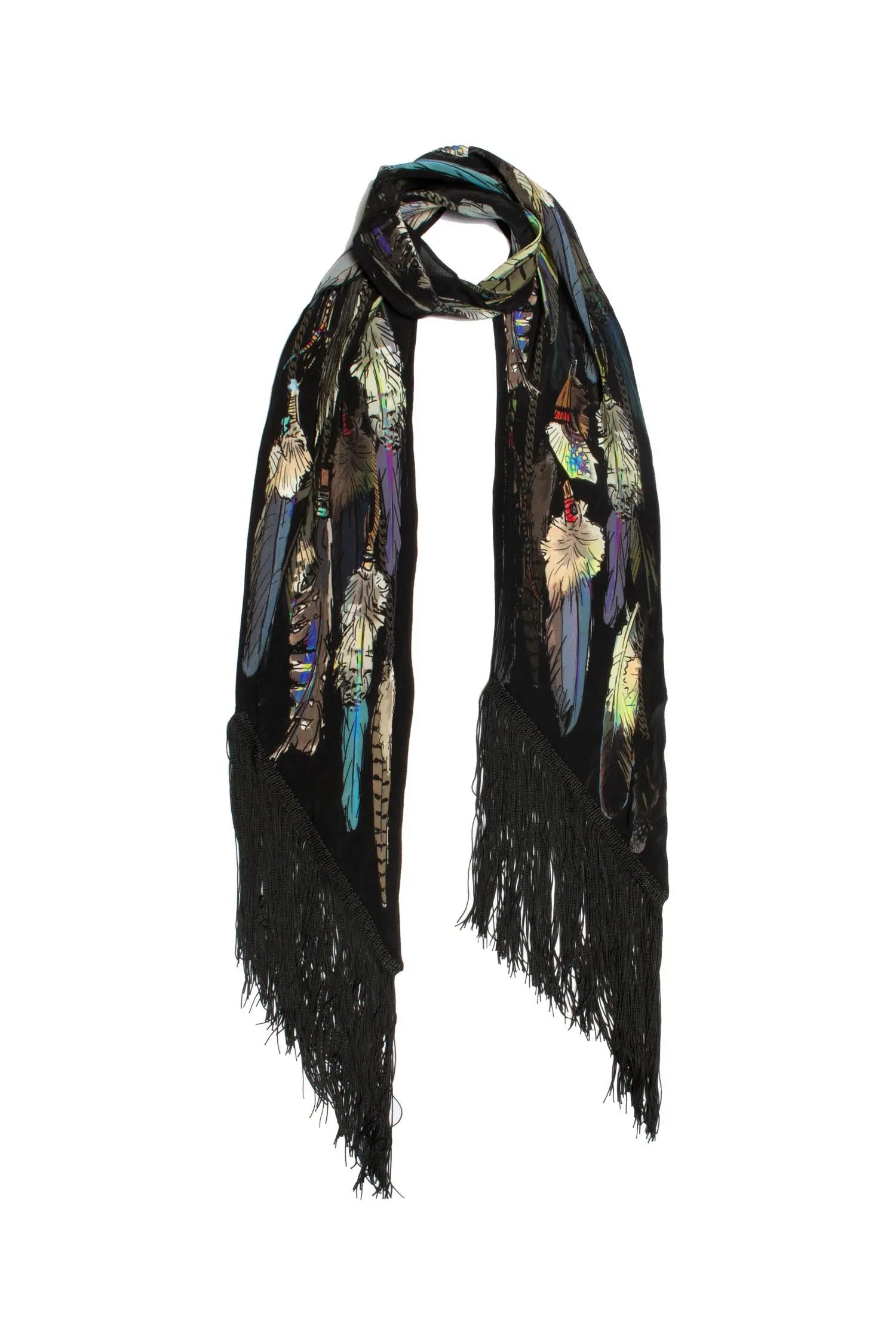 Silk Fringed Scarf - Black Feathers Rockins