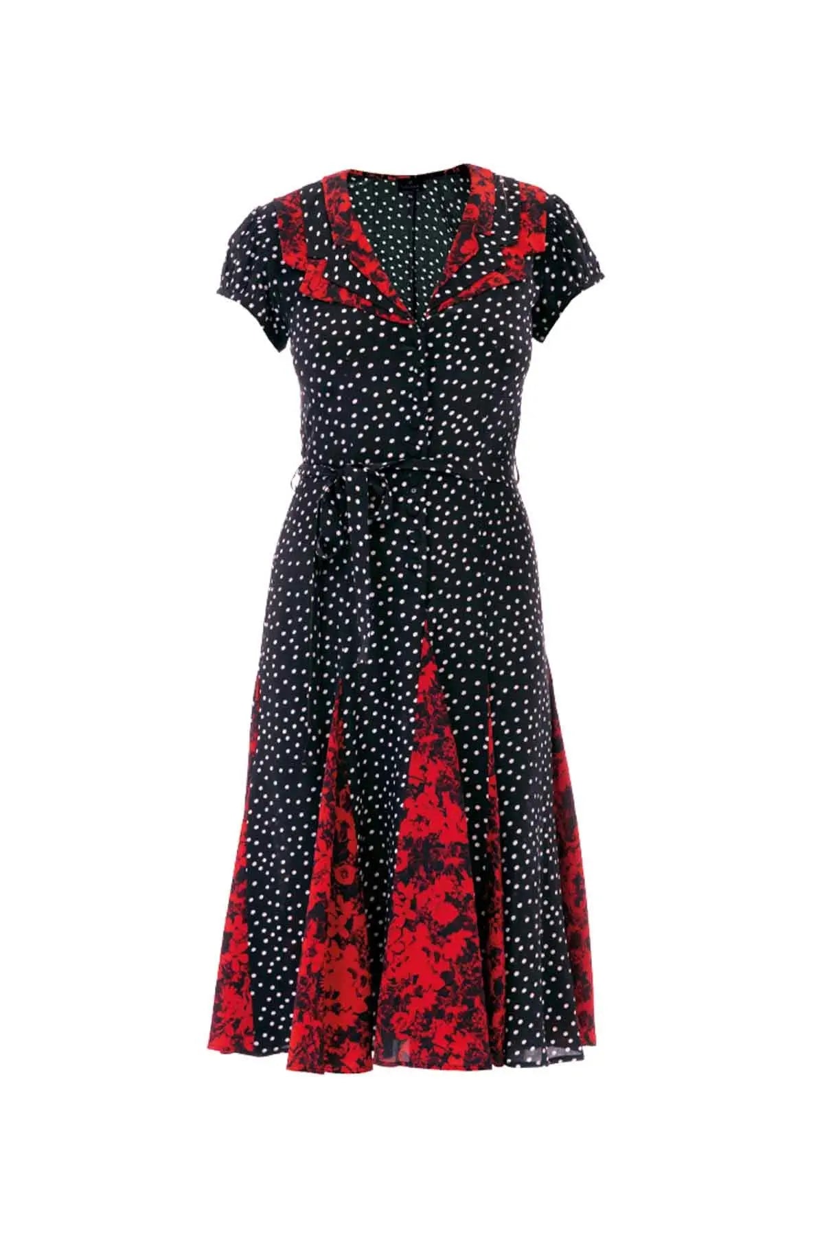 Tri Collar Silk Dress - Black Polka & Red Floral Debonnaire
