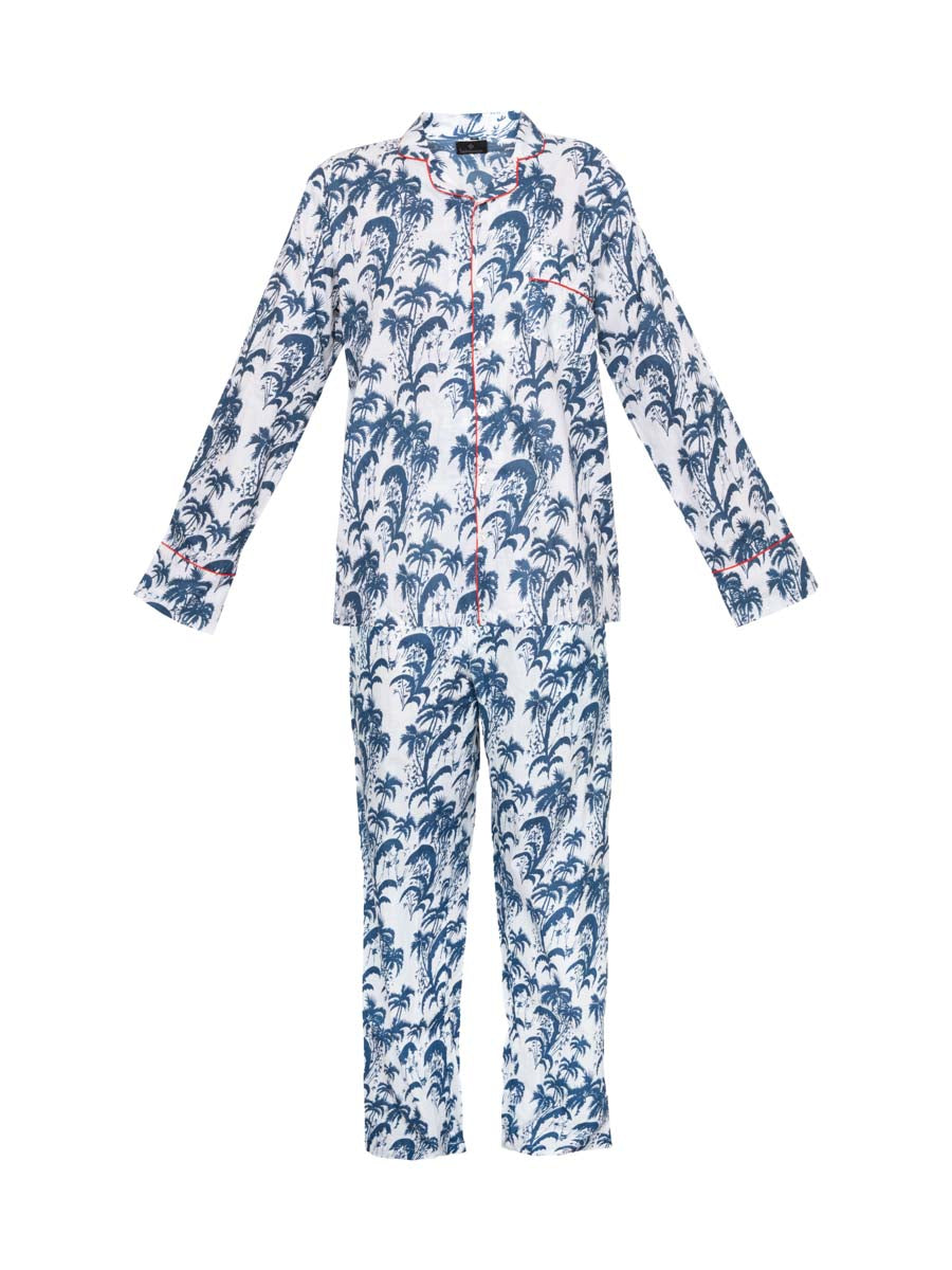 Men's Palm Tree Cotton Pyjamas - Blue
