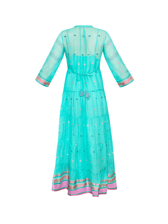 Longfrill Cotton Dress - Emerald & Pink