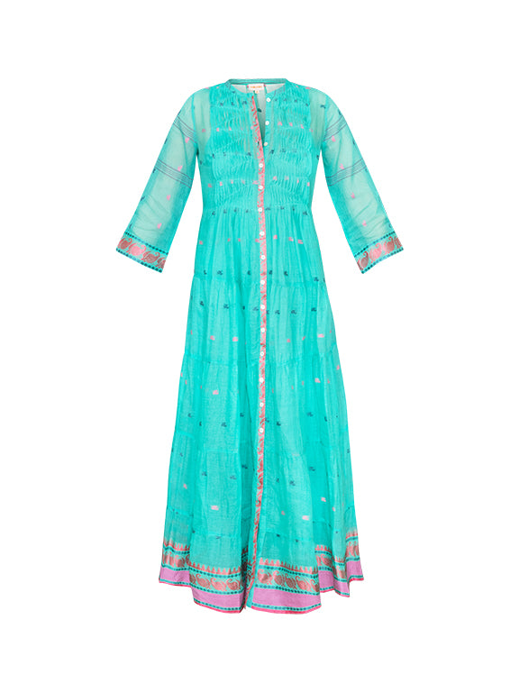 Longfrill Cotton Dress - Emerald & Pink