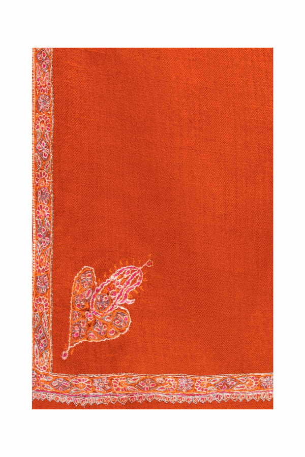 Border Embroidered Cashmere Pashmina Shawl - Burnt Orange
