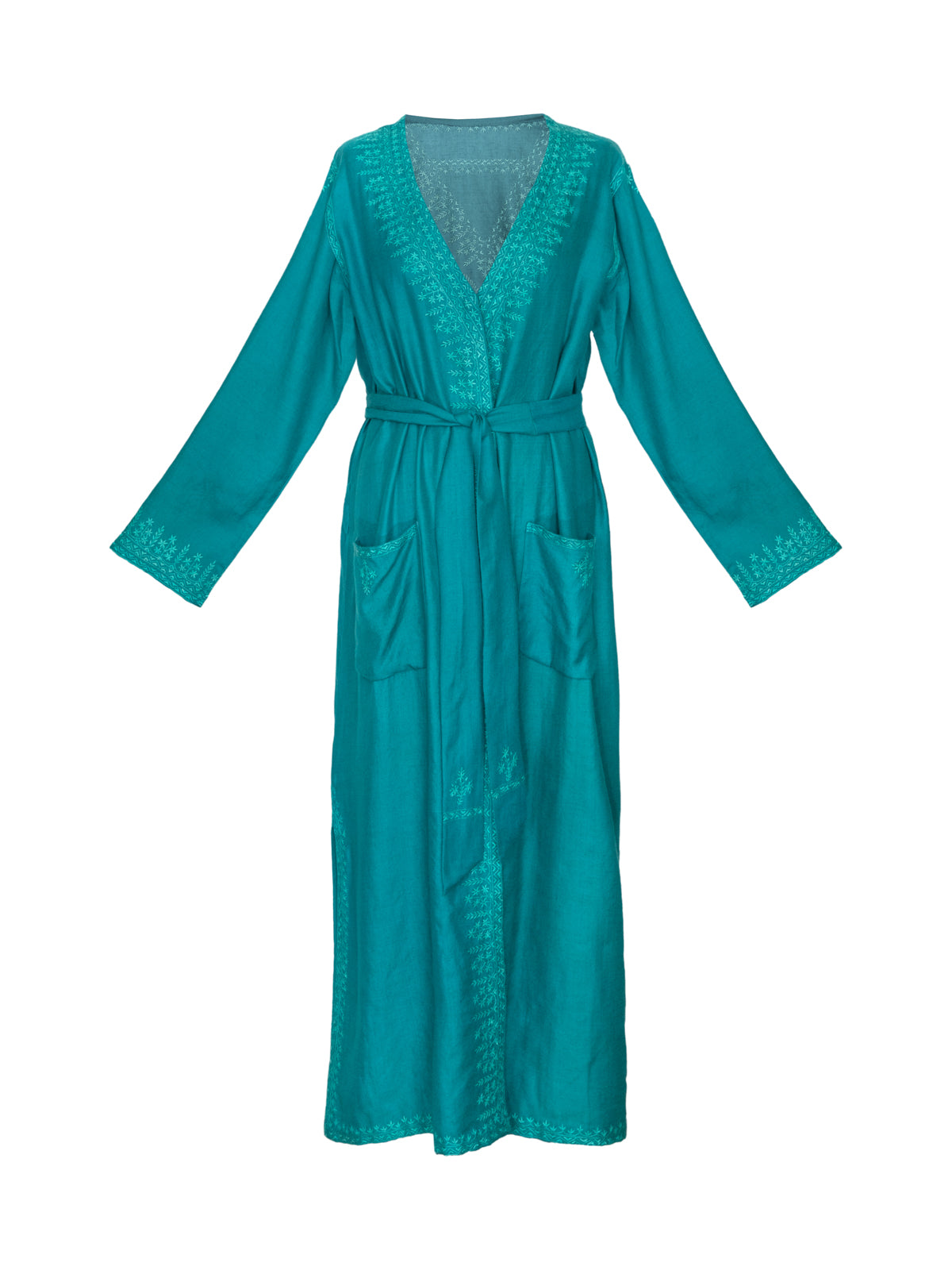 Hand Embroidered Cashmere Dressing Gown - Green on Green