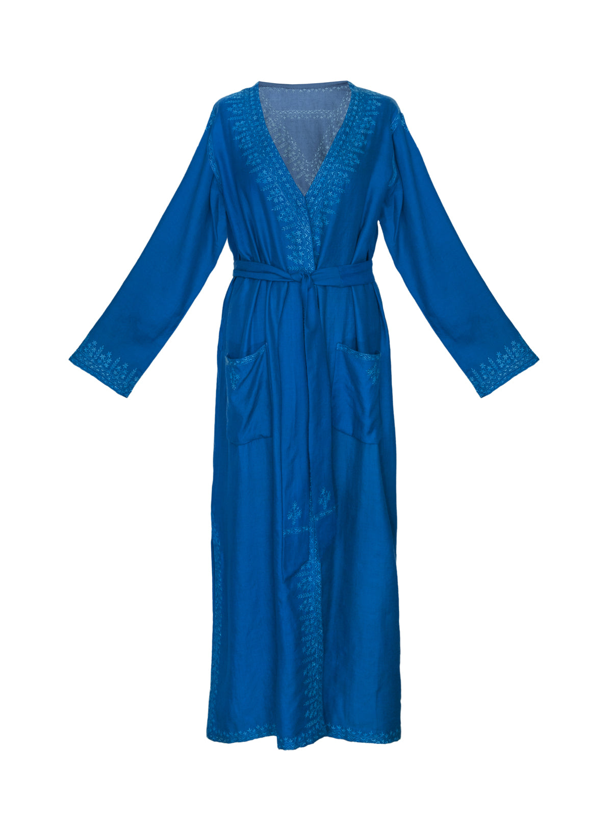 Hand Embroidered Cashmere Dressing Gown - Blue on Blue