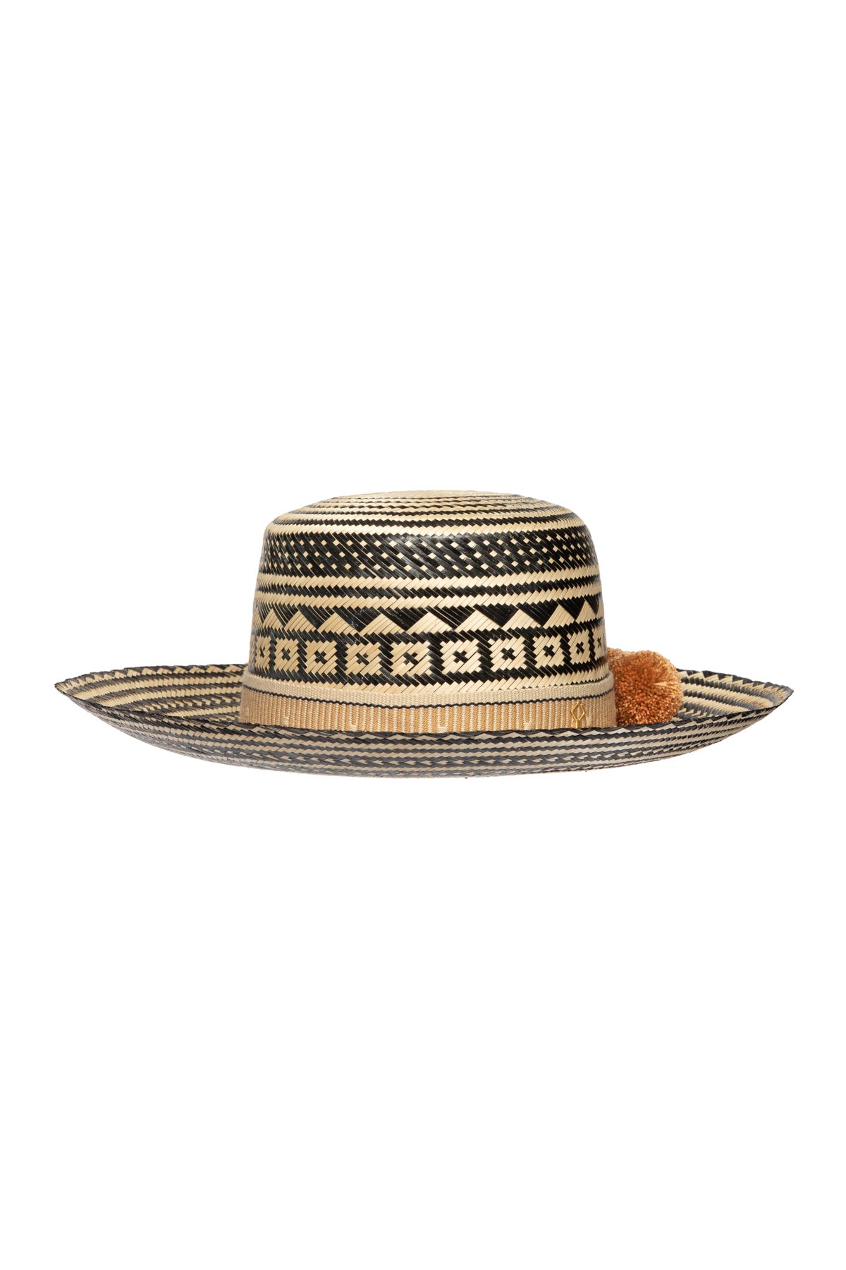 Straw Hat - Black with Brown PomPoms