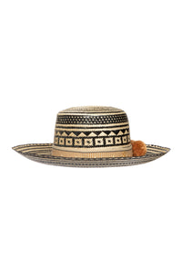 Straw Hat - Black with Brown PomPoms