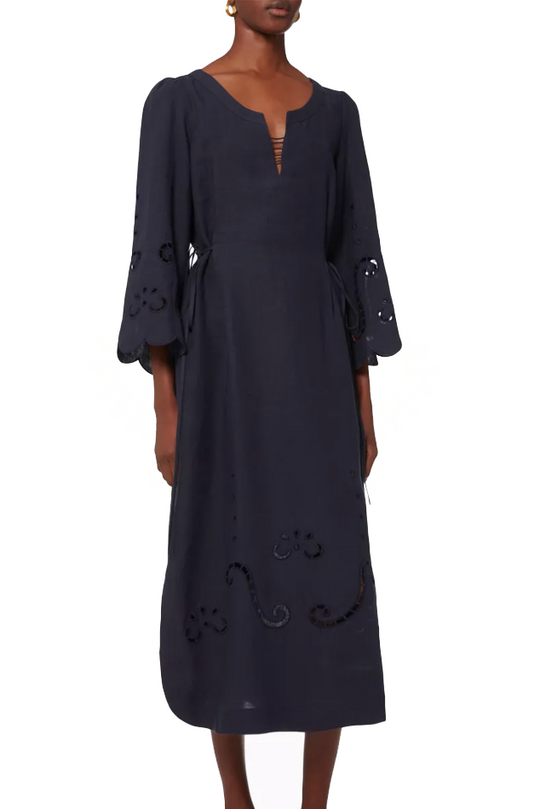 Iphigenia Linen Midi Dress - Midnight Blue