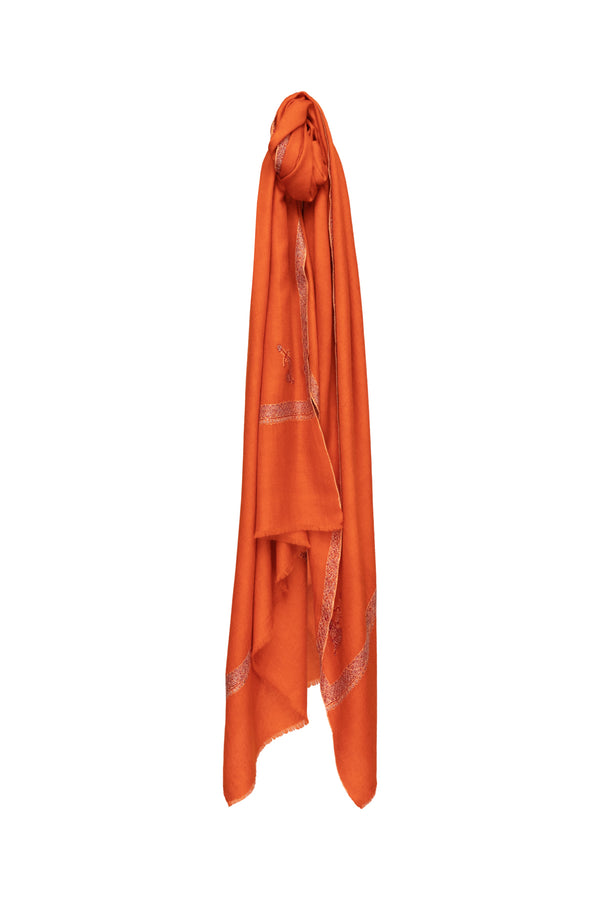 Border Embroidered Cashmere Pashmina Shawl - Burnt Orange