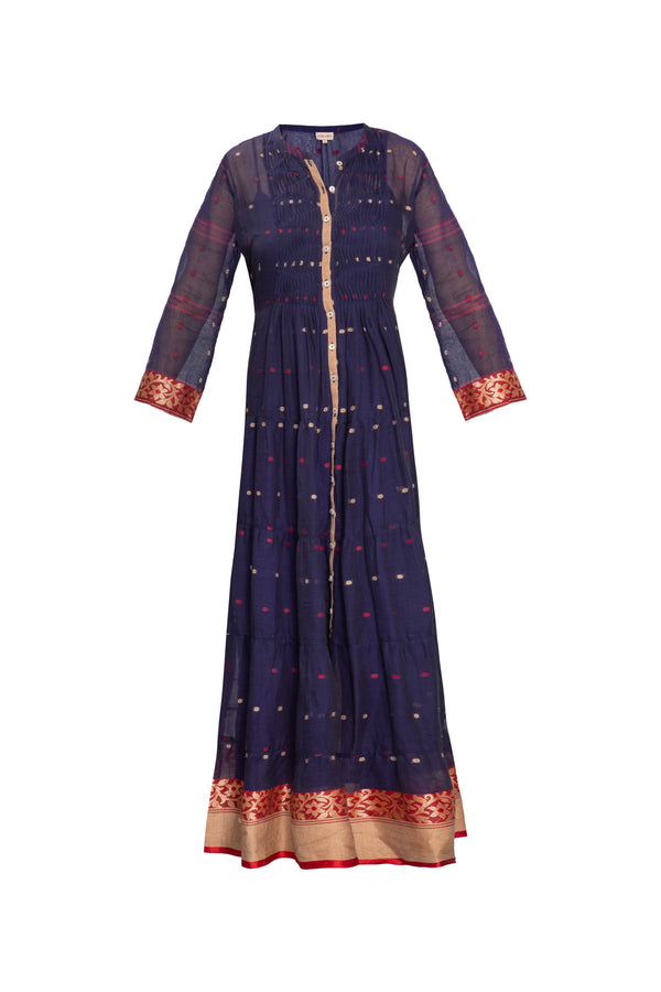 Longfrill Cotton Dress - Indigo & Bronze