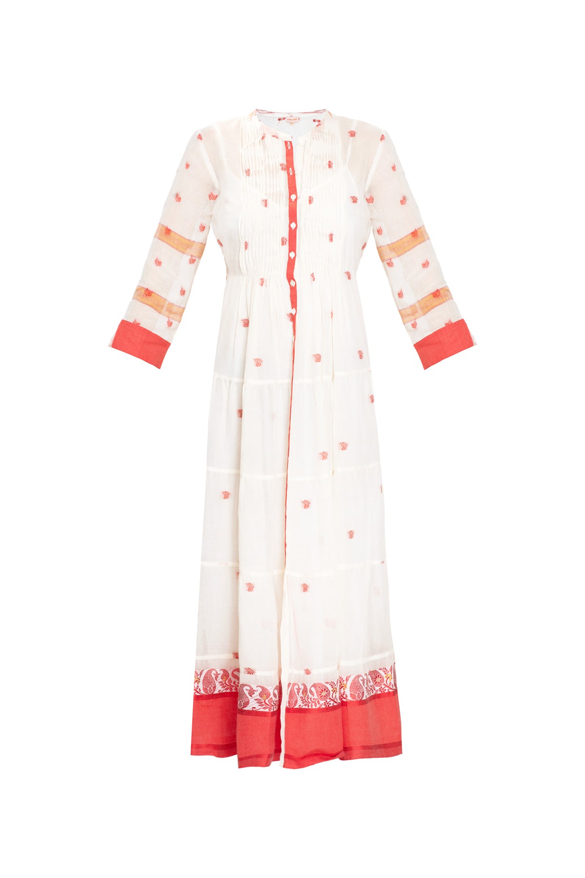 Longfrill Cotton Dress - Cream & Red