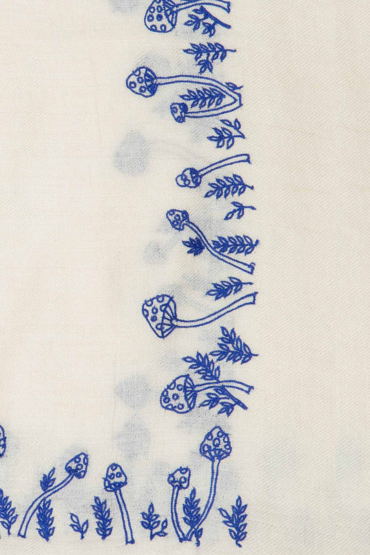 Mini Mushroom Embroidered Pashmina Shawl - White & Blue