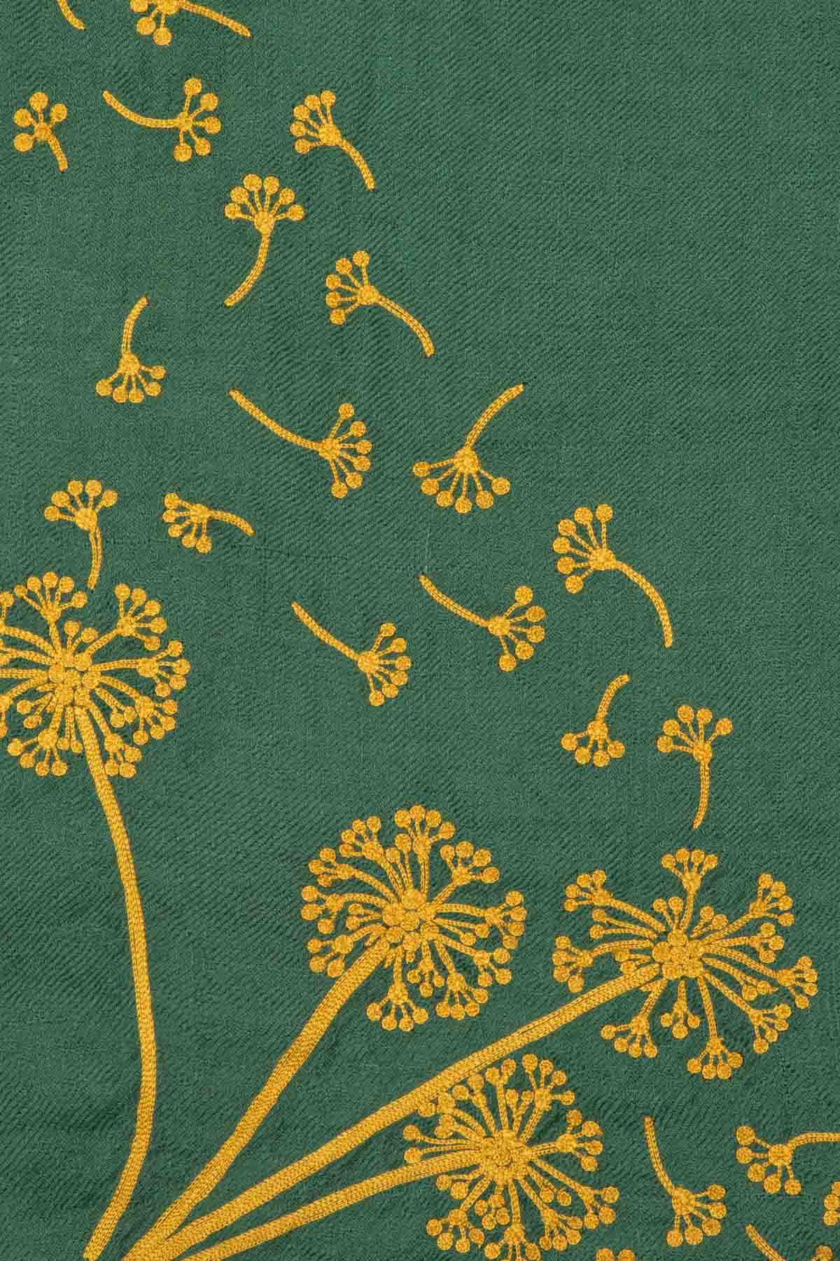 Dandelion Embroidered Pashmina Shawl - Green & Gold