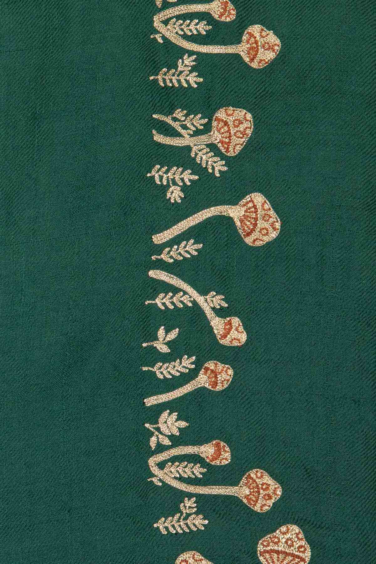 Mini Mushroom Embroidered Pashmina Shawl - Green & Gold