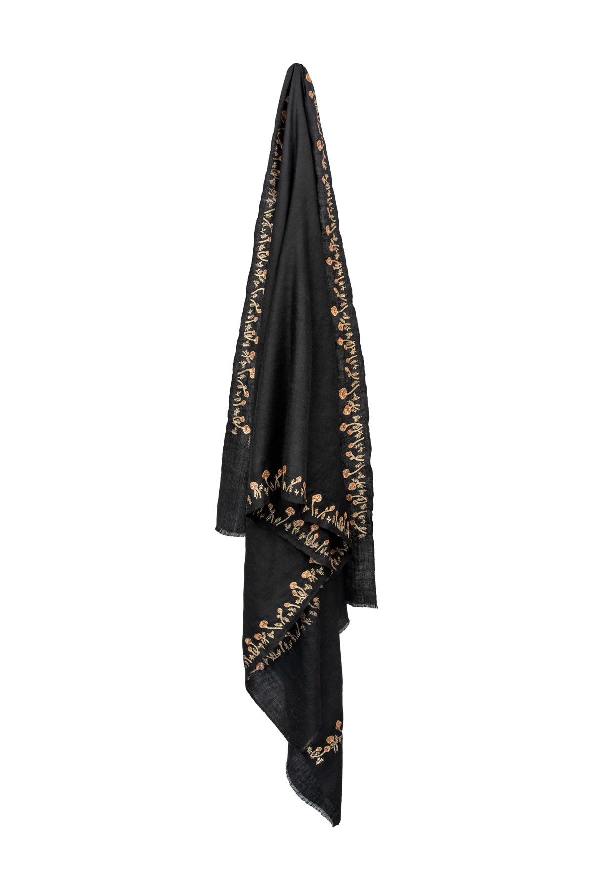 Mini Mushroom Embroidered Pashmina Shawl - Black & Gold