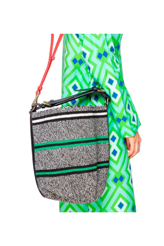 Woven Stripe Midi Cylinder Bag - Green, Black & White