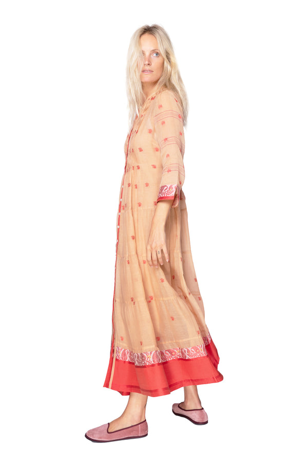 Longfrill  Cotton Dress - Nude & Red