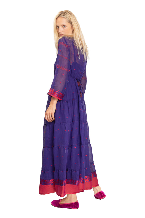 Longfrill Cotton Dress - Purple & Red
