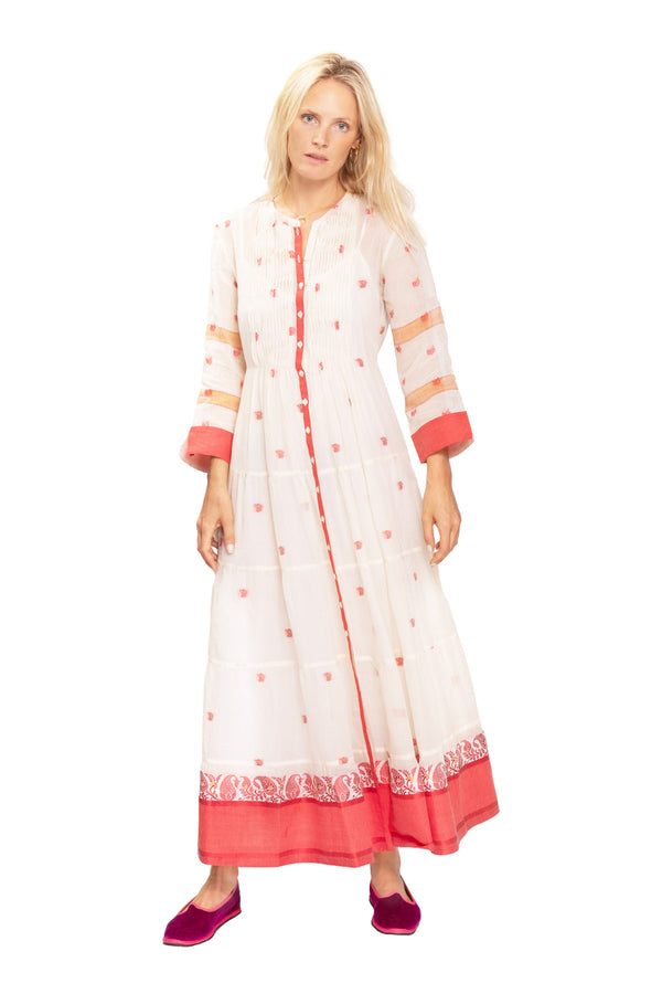 Longfrill Cotton Dress - Cream & Red
