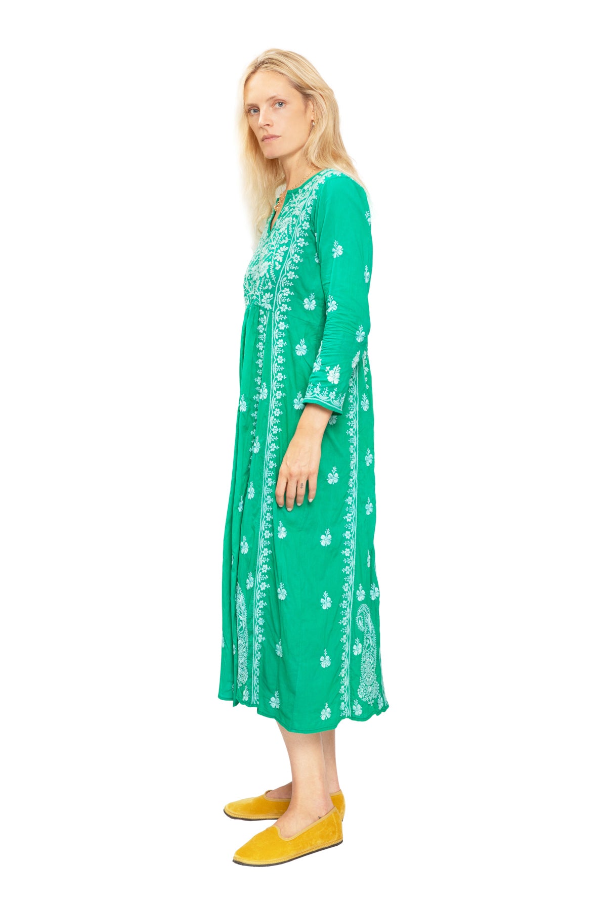 Cotton Embroidered Dress - Emerald Green