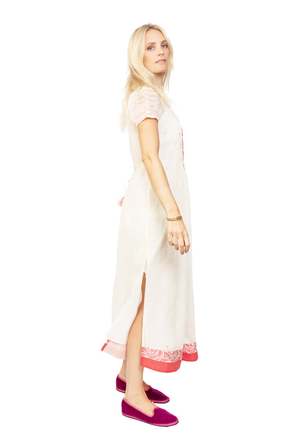 Longine Cotton Dress - Off White & Red