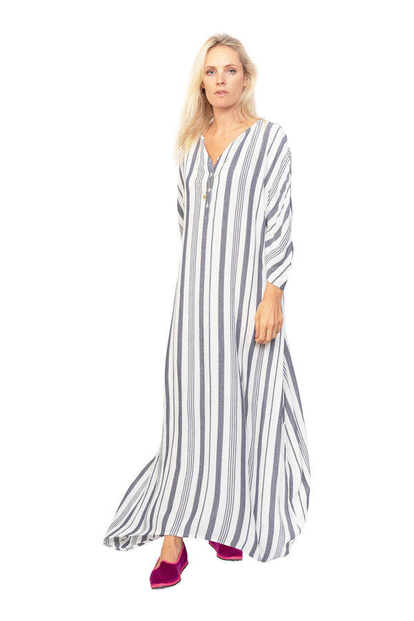Lita Cotton Striped Kaftan - Multi Black Stripe