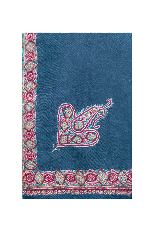 Border Embroidered Cashmere Pashmina - Dark Blue