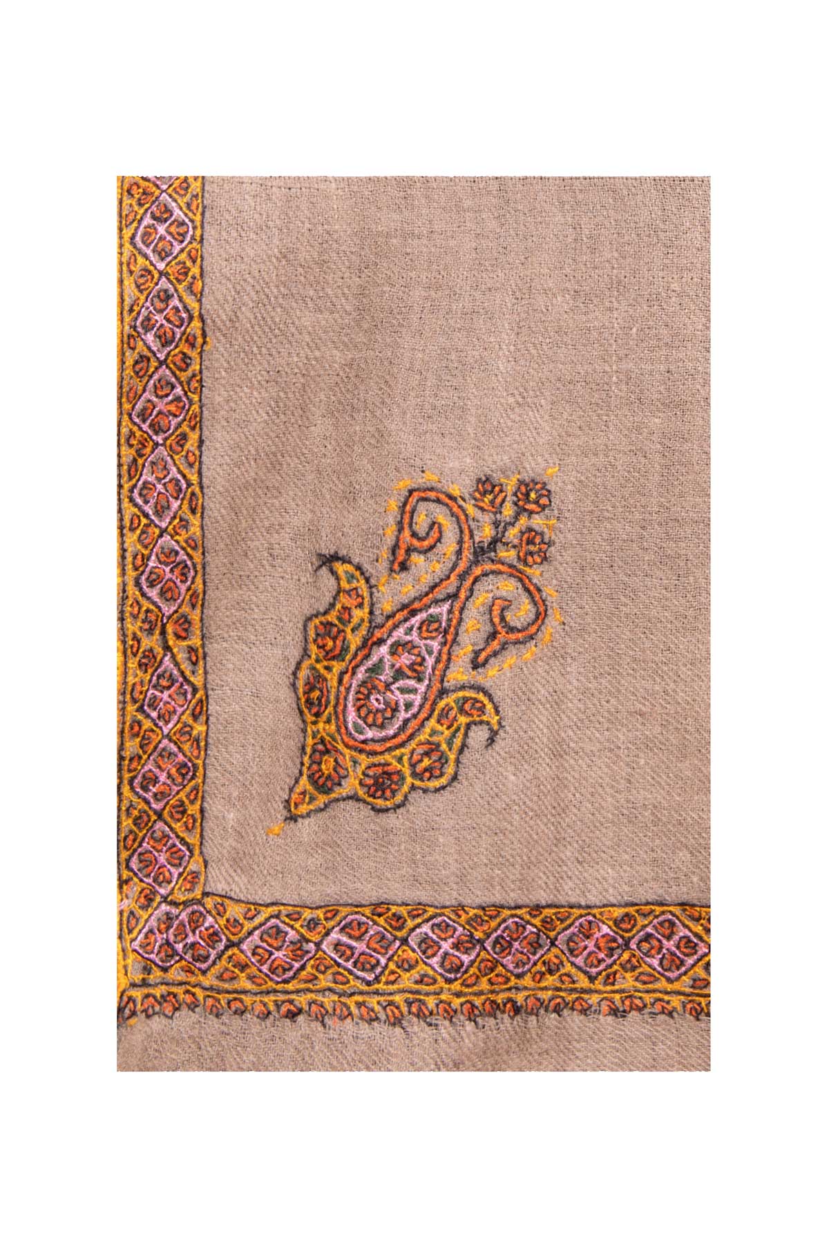 Border Embroidered Cashmere Pashmina Shawl - Taupe & Orange