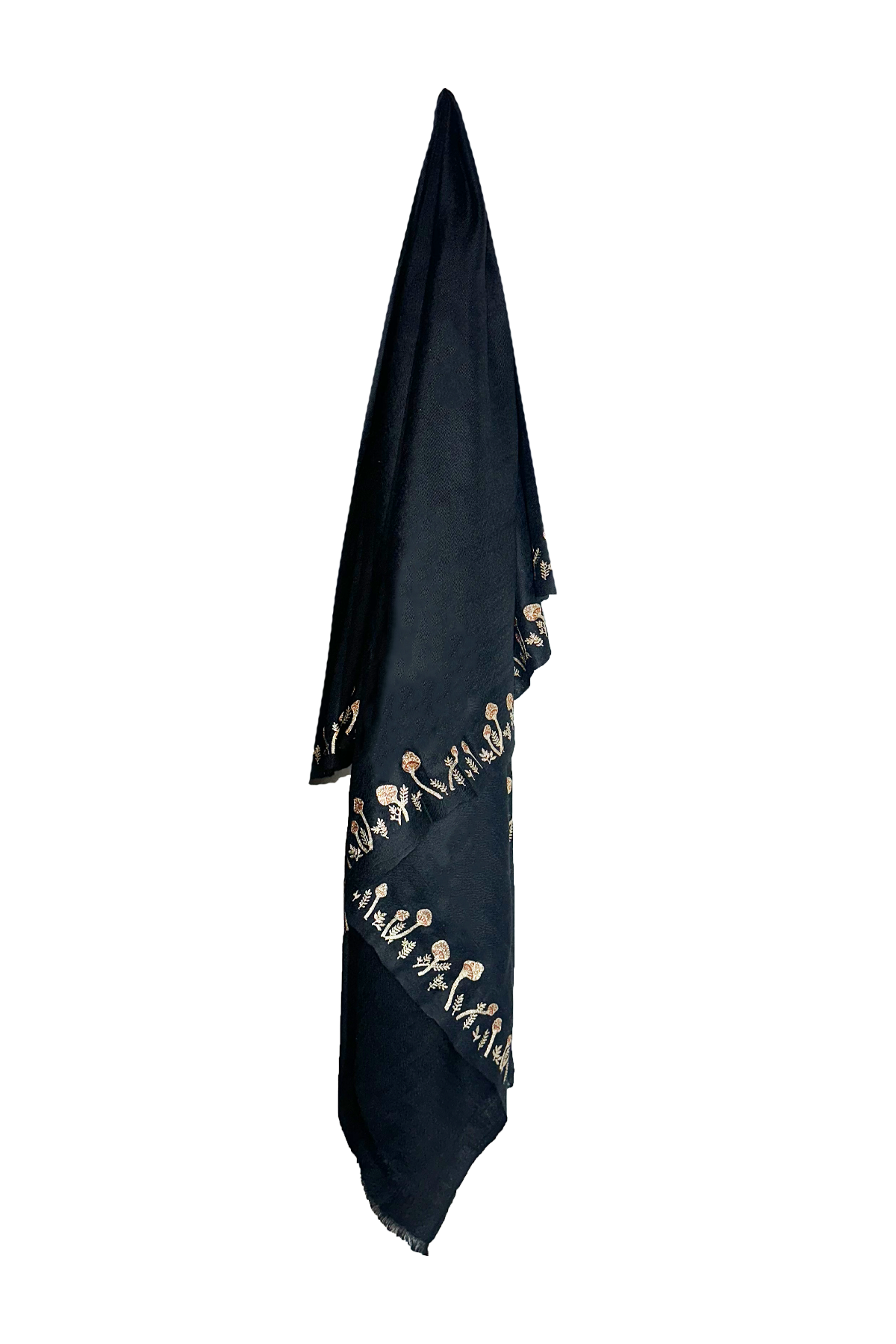 Mini Mushroom Embroidered Pashmina Shawl - Black & Gold