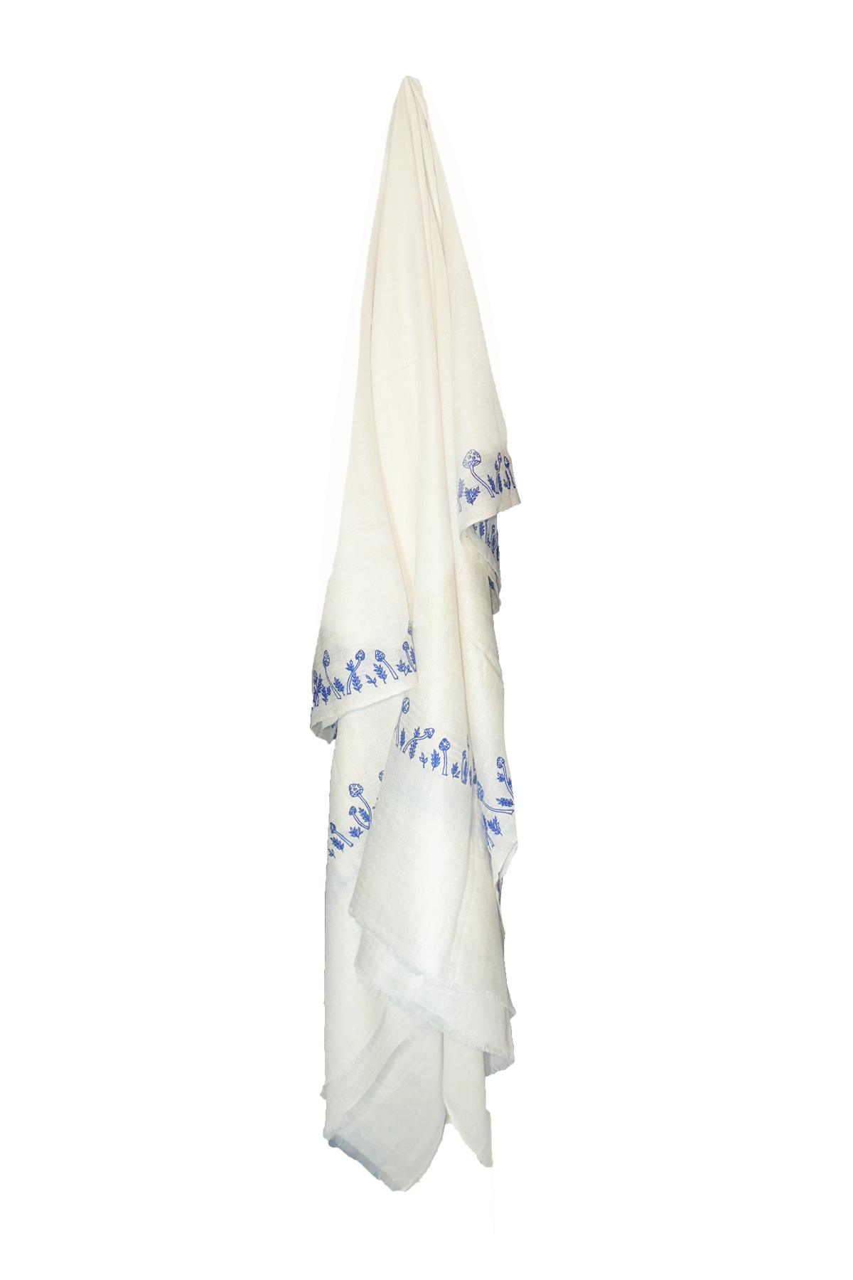 Mini Mushroom Embroidered Pashmina Shawl - White & Blue