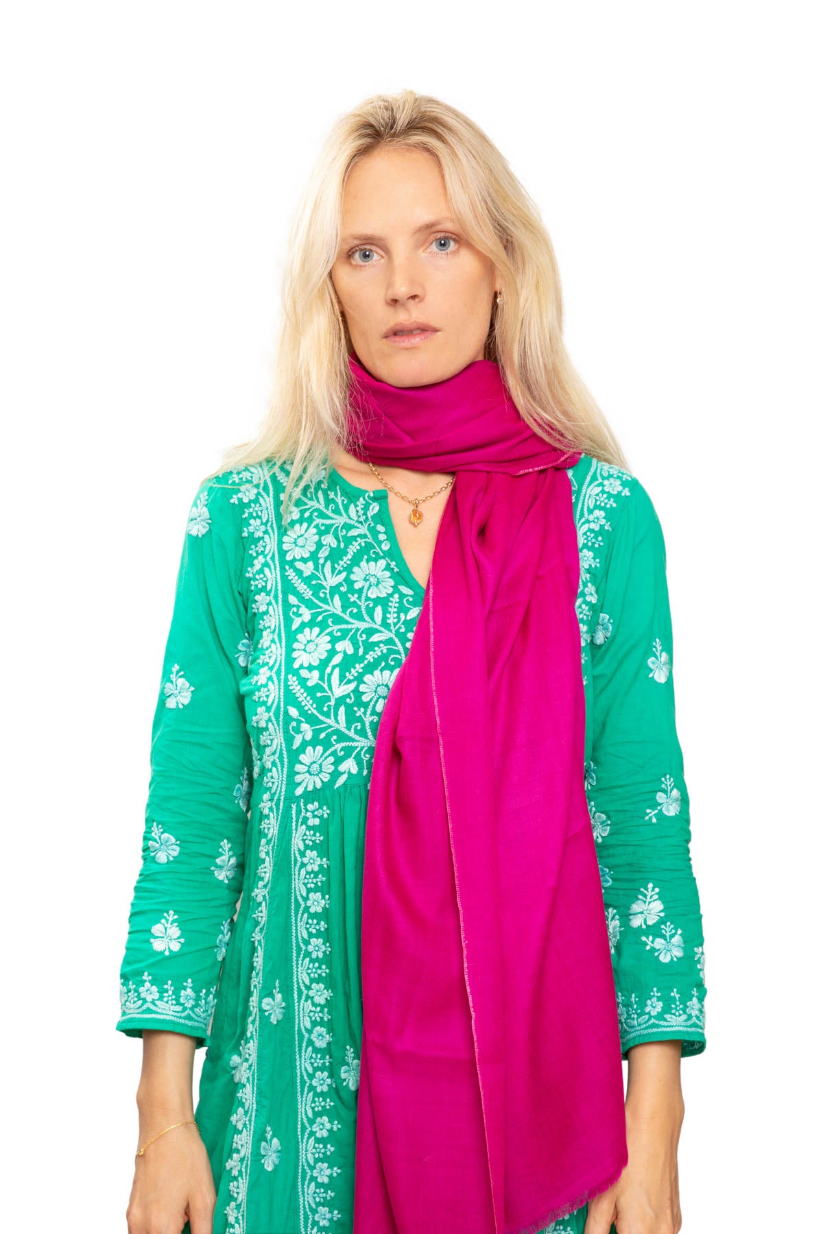 Classic Embroidered Edge Cashmere Pashmina Shawl - Bright Pink