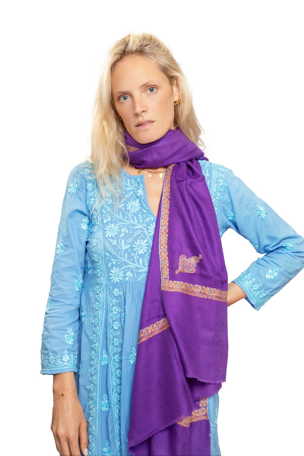 Border Embroidered Cashmere Pashmina Shawl - Bright Purple