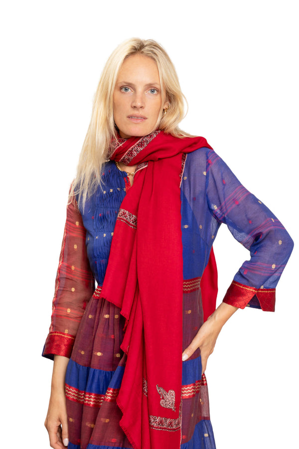 Border Embroidered Cashmere Shawl - Red