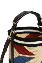 Load image into Gallery viewer, Woven Arrow Midi Cylinder Bag - Blue, Green &amp; Brown