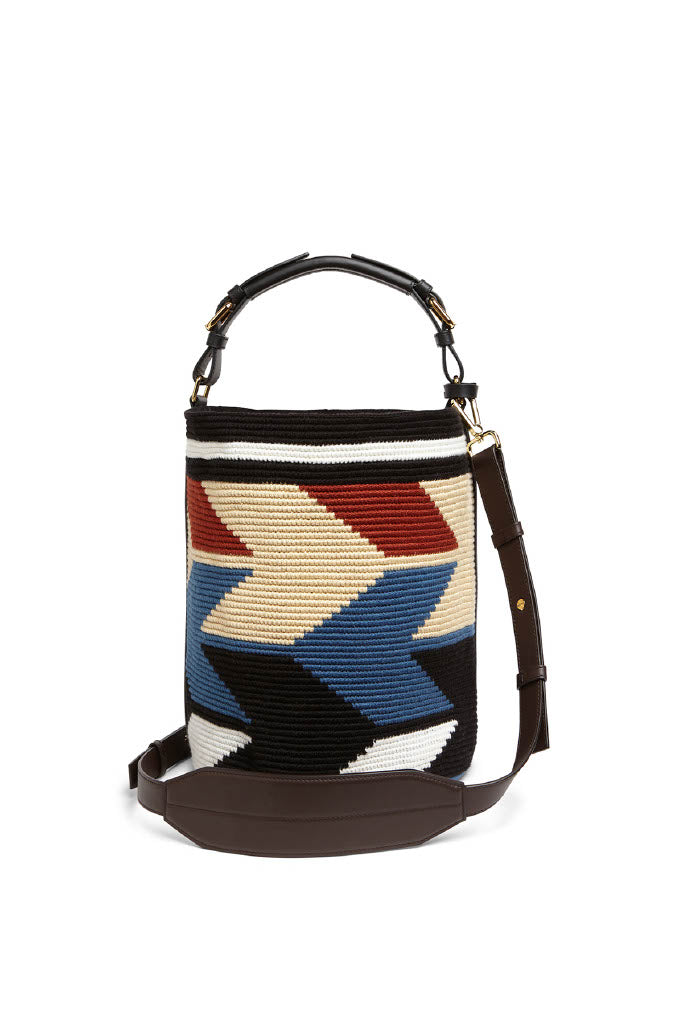 Woven Arrow Midi Cylinder Bag - Blue, Green & Brown