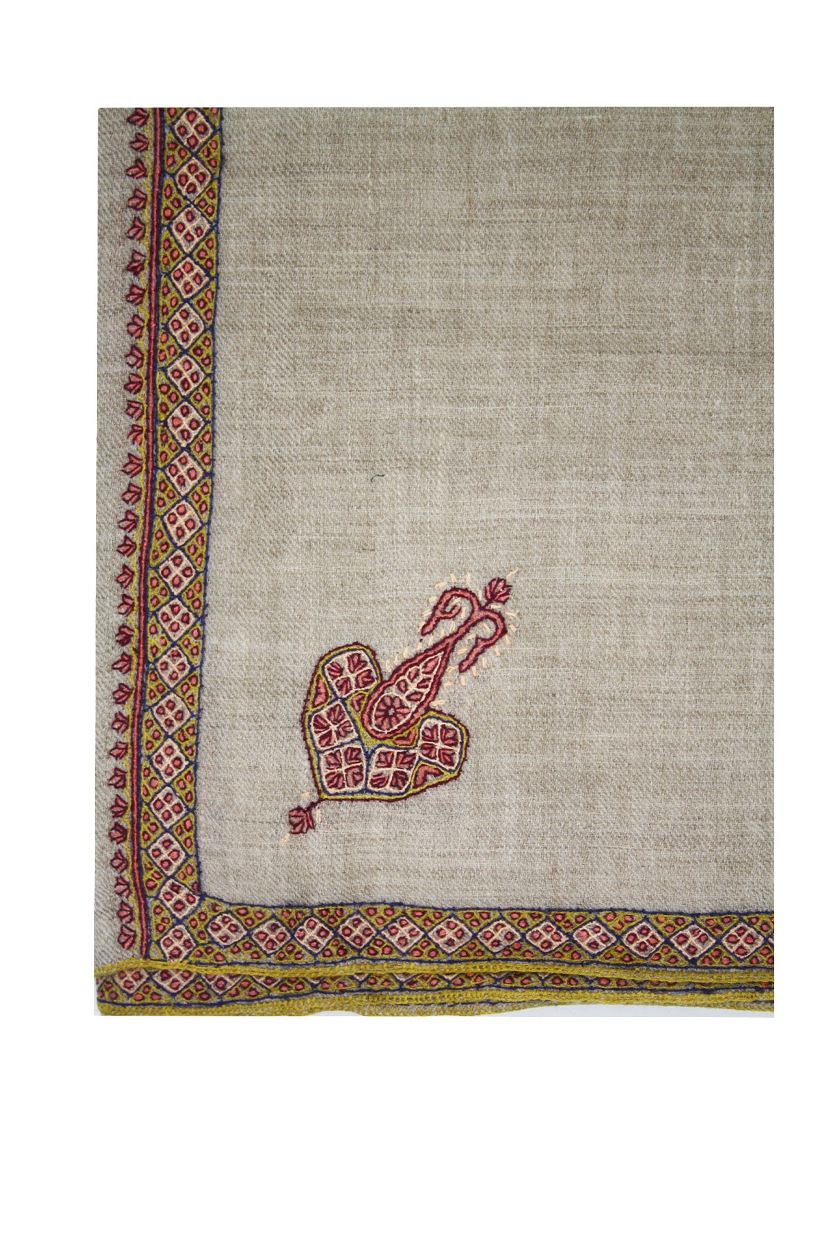 Border Embroidered Cashmere Pashmina Shawl- Natural with Mustard Edge
