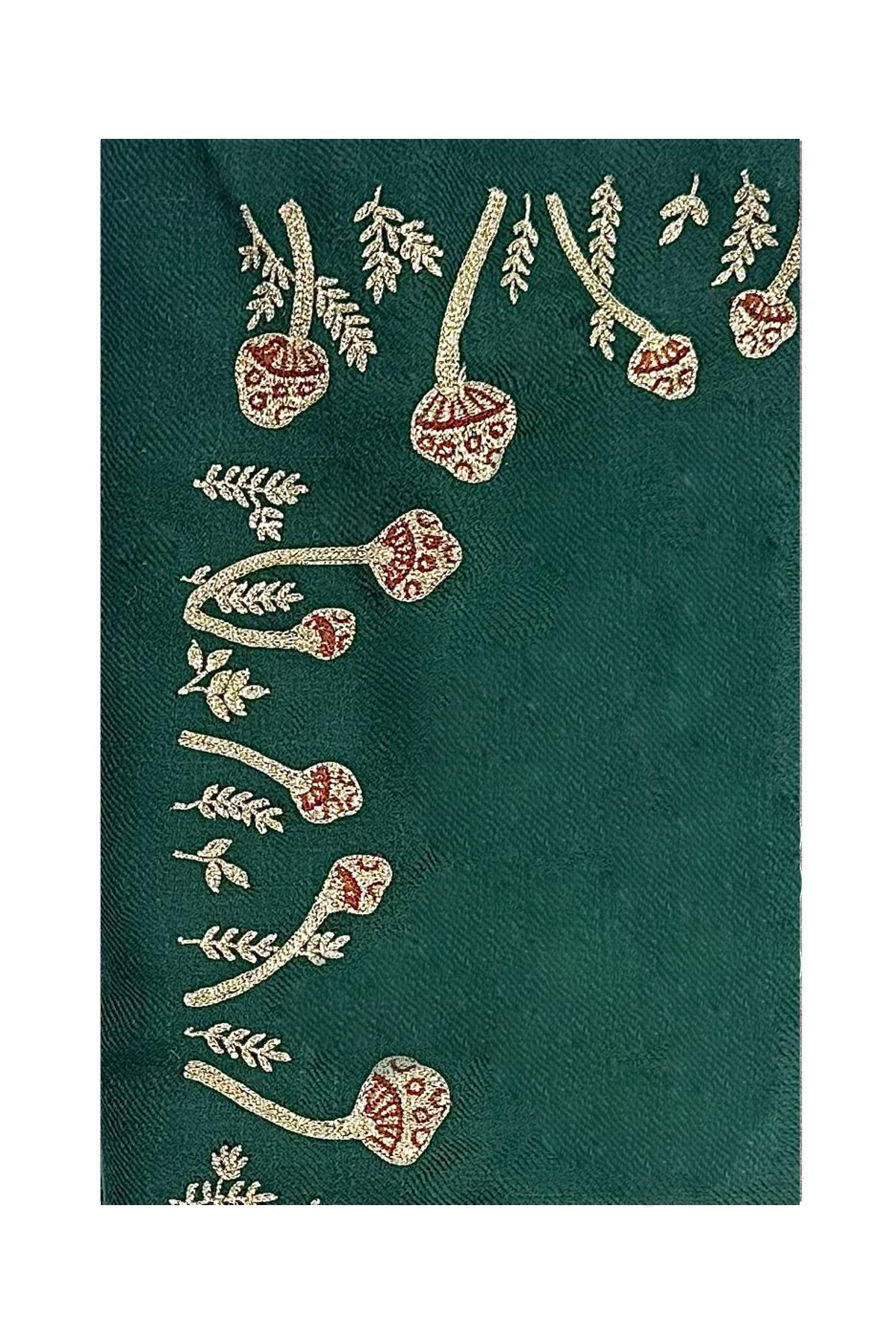 Mini Mushroom Embroidered Pashmina Shawl - Green & Gold
