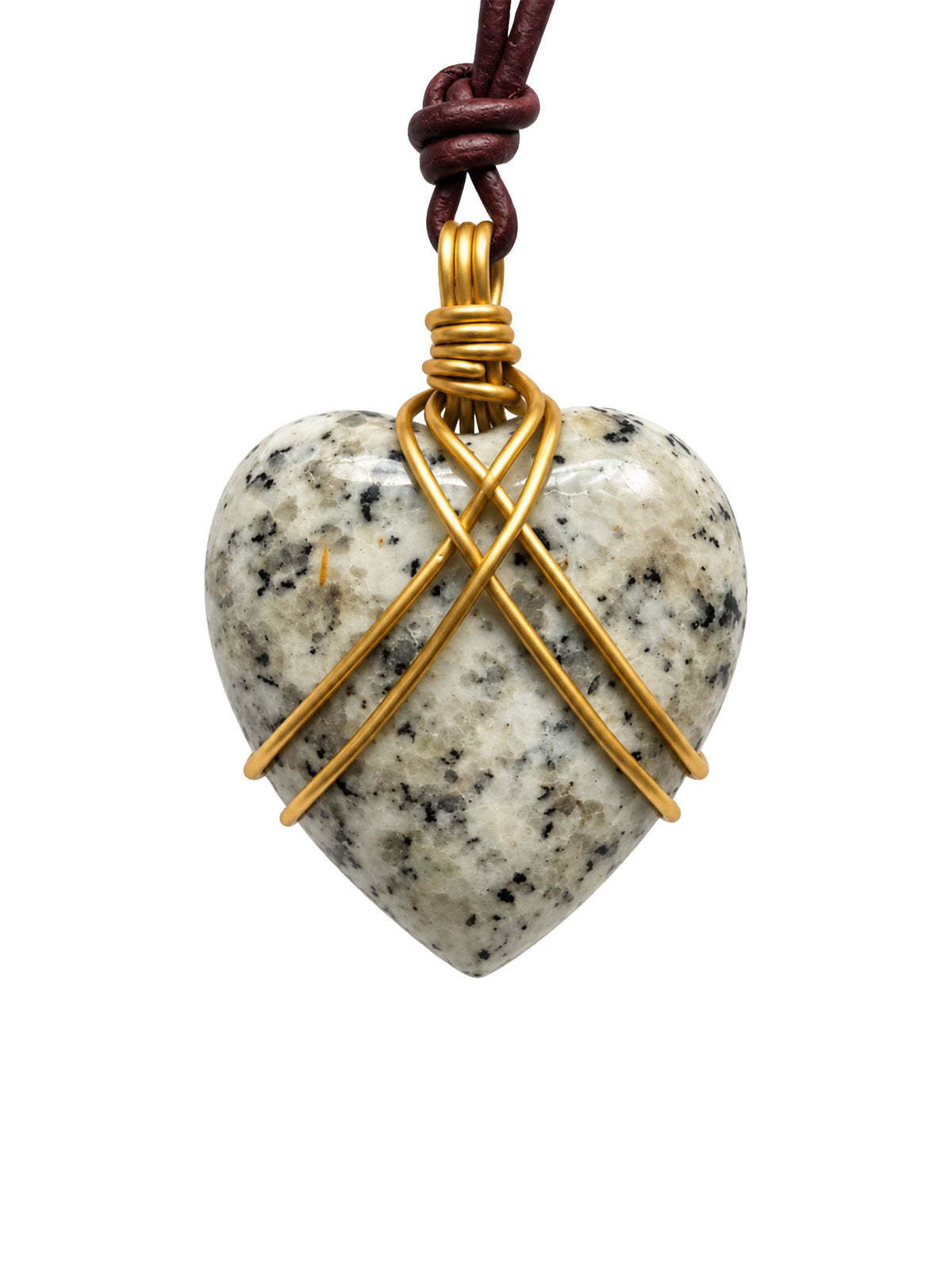 Kiwi jasper heart pendant wrapped in gold tone wire on a knotted burgundy leather cord