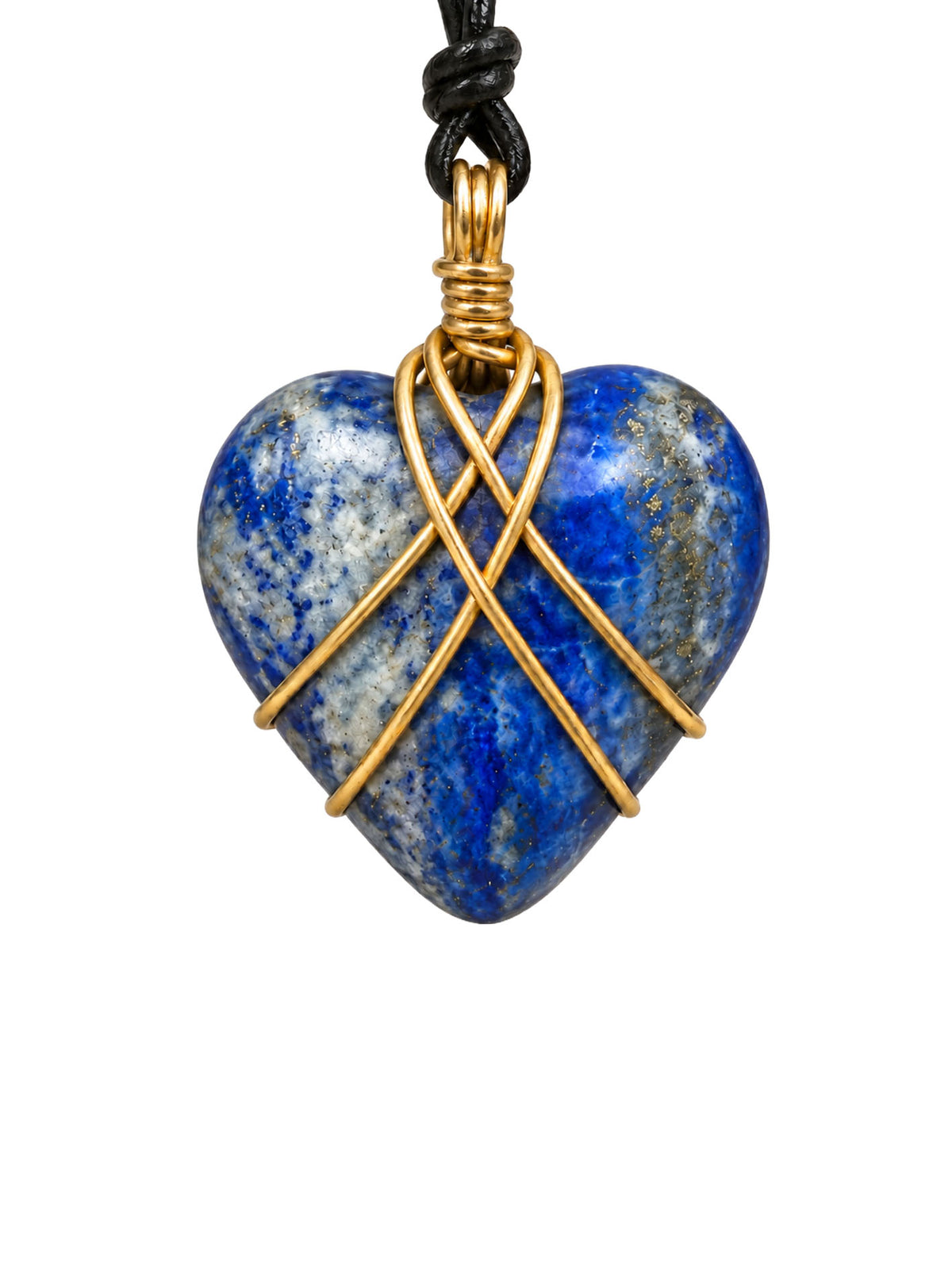 Lapis lazuli heart pendant wrapped in gold tone wire on a knotted leather cord