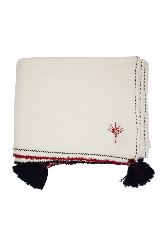 Meditation Shawl - Off White with Dark Blue and Red Tassels